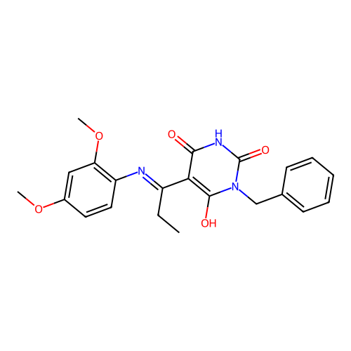 (5E)-1-benzyl-5-[1-(2,4-dimethoxyanilino)propylidene]-1,3-diazinane-2,4,6-trione structure