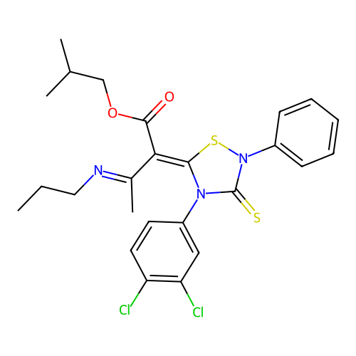 (2Z,3E)-isobutyl 2-(4-(3,4-dichlorophenyl)-2-phenyl-3-thioxo-1,2,4-thiadiazolidin-5-ylidene)-3-(propylimino)butanoate structure