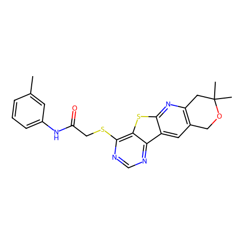 2-((8,8-dimethyl-8,10-dihydro-7H-pyrano[3'',4'':5',6']pyrido[3',2':4,5]thieno[3,2-d]pyrimidin-4-yl)thio)-N-(m-tolyl)acetamide structure
