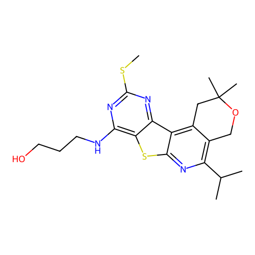 3-((5-isopropyl-2,2-dimethyl-10-(methylthio)-2,4-dihydro-1H-pyrano[4'',3'':4',5']pyrido[3',2':4,5]thieno[3,2-d]pyrimidin-8-yl)amino)propan-1-ol structure