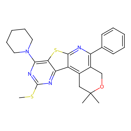 2,2-dimethyl-10-(methylsulfanyl)-5-phenyl-8-(piperidin-1-yl)-1,4-dihydro-2H-pyrano[4'',3'':4',5']pyrido[3',2':4,5]thieno[3,2-d]pyrimidine structure