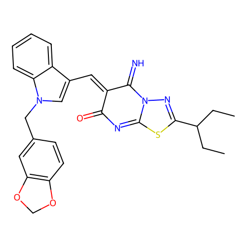 (Z)-6-((1-(benzo[d][1,3]dioxol-5-ylmethyl)-1H-indol-3-yl)methylene)-5-imino-2-(pentan-3-yl)-5H-[1,3,4]thiadiazolo[3,2-a]pyrimidin-7(6H)-one structure