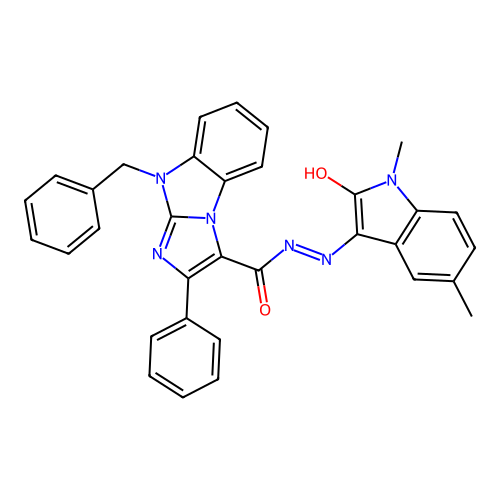 (E)-9-benzyl-N'-(1,5-dimethyl-2-oxoindolin-3-ylidene)-2-phenyl-9H-benzo[d]imidazo[1,2-a]imidazole-3-carbohydrazide structure