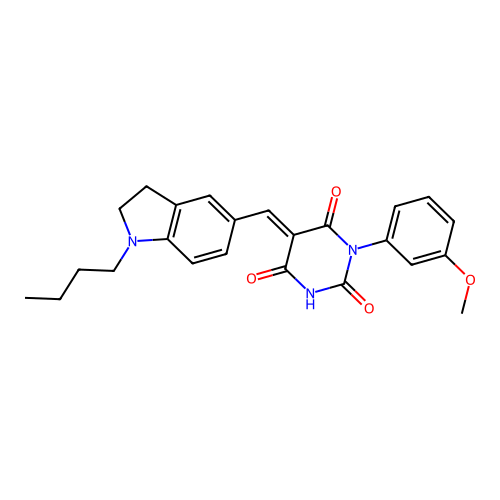 (5E)-5-[(1-butyl-2,3-dihydro-1H-indol-5-yl)methylidene]-6-hydroxy-3-(3-methoxyphenyl)pyrimidine-2,4(3H,5H)-dione structure