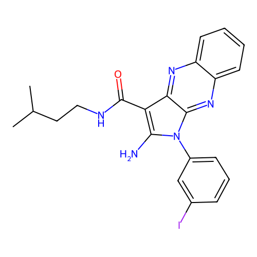 2-amino-1-(3-iodophenyl)-N-(3-methylbutyl)-1H-pyrrolo[2,3-b]quinoxaline-3-carboxamide structure