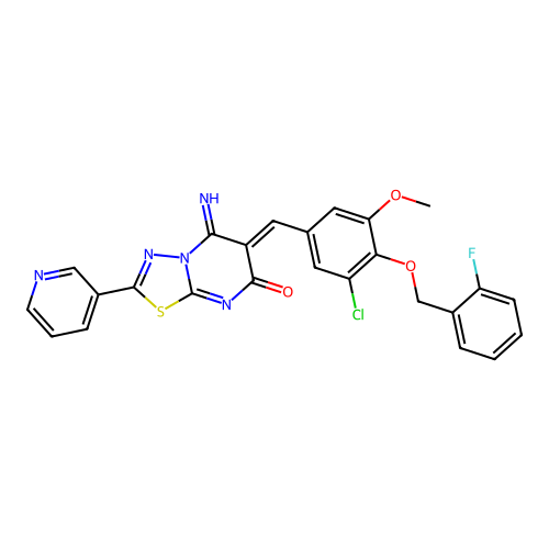 (Z)-6-(3-chloro-4-((2-fluorobenzyl)oxy)-5-methoxybenzylidene)-5-imino-2-(pyridin-3-yl)-5H-[1,3,4]thiadiazolo[3,2-a]pyrimidin-7(6H)-one structure
