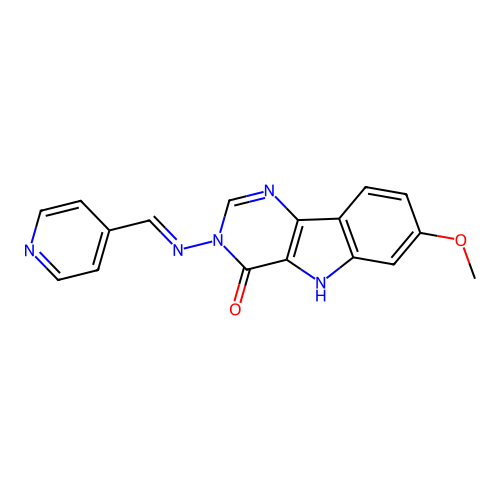 7-methoxy-3-((pyridin-4-ylmethylene)amino)-3H-pyrimido[5,4-b]indol-4(5H)-one structure