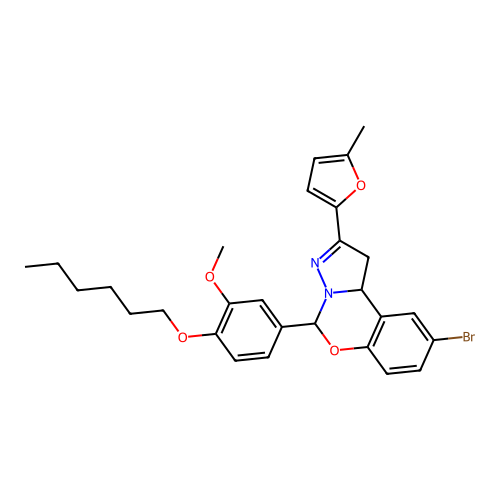 9-bromo-5-(4-(hexyloxy)-3-methoxyphenyl)-2-(5-methylfuran-2-yl)-5,10b-dihydro-1H-benzo[e]pyrazolo[1,5-c][1,3]oxazine structure