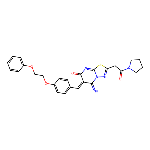 (Z)-5-imino-2-(2-oxo-2-(pyrrolidin-1-yl)ethyl)-6-(4-(2-phenoxyethoxy)benzylidene)-5H-[1,3,4]thiadiazolo[3,2-a]pyrimidin-7(6H)-one structure