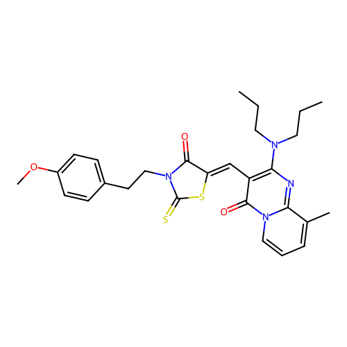 2-(dipropylamino)-3-[(Z)-{3-[2-(4-methoxyphenyl)ethyl]-4-oxo-2-thioxo-1,3-thiazolidin-5-ylidene}methyl]-9-methyl-4H-pyrido[1,2-a]pyrimidin-4-one structure