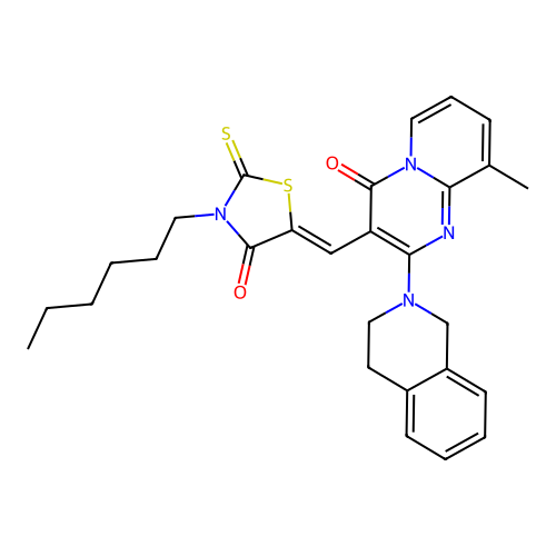 2-(3,4-dihydroisoquinolin-2(1H)-yl)-3-[(Z)-(3-hexyl-4-oxo-2-thioxo-1,3-thiazolidin-5-ylidene)methyl]-9-methyl-4H-pyrido[1,2-a]pyrimidin-4-one structure