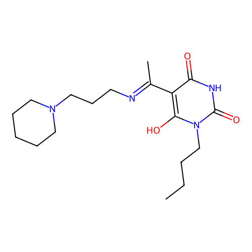 (5E)-1-butyl-5-[1-(3-piperidin-1-ylpropylamino)ethylidene]-1,3-diazinane-2,4,6-trione structure