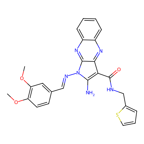 (E)-2-amino-1-((3,4-dimethoxybenzylidene)amino)-N-(thiophen-2-ylmethyl)-1H-pyrrolo[2,3-b]quinoxaline-3-carboxamide structure