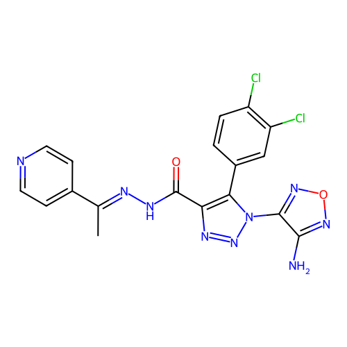 (E)-1-(4-amino-1,2,5-oxadiazol-3-yl)-5-(3,4-dichlorophenyl)-N'-(1-(pyridin-4-yl)ethylidene)-1H-1,2,3-triazole-4-carbohydrazide structure