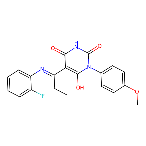 (5E)-5-[1-(2-fluoroanilino)propylidene]-1-(4-methoxyphenyl)-1,3-diazinane-2,4,6-trione structure