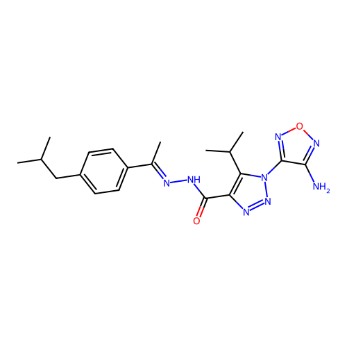 (E)-1-(4-amino-1,2,5-oxadiazol-3-yl)-N'-(1-(4-isobutylphenyl)ethylidene)-5-isopropyl-1H-1,2,3-triazole-4-carbohydrazide structure