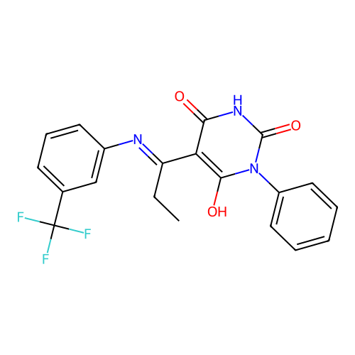 (E)-1-phenyl-5-(1-((3-(trifluoromethyl)phenyl)amino)propylidene)pyrimidine-2,4,6(1H,3H,5H)-trione structure