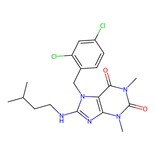 7-[(2,4-dichlorophenyl)methyl]-1,3-dimethyl-8-(3-methylbutylamino)purine-2,6-dione structure