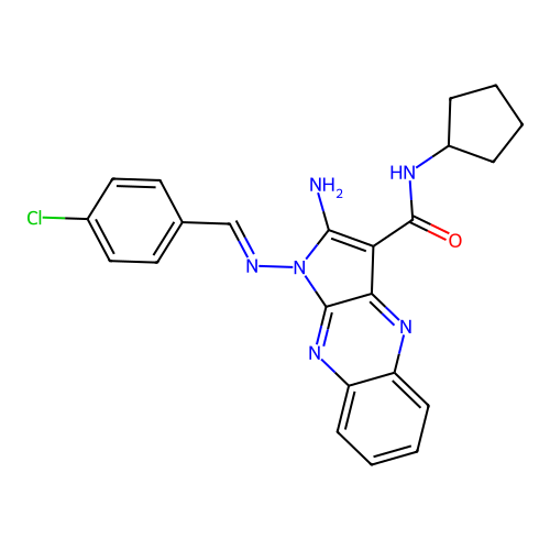 (E)-2-amino-1-((4-chlorobenzylidene)amino)-N-cyclopentyl-1H-pyrrolo[2,3-b]quinoxaline-3-carboxamide structure