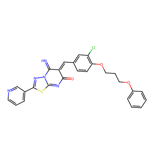 (Z)-6-(3-chloro-4-(3-phenoxypropoxy)benzylidene)-5-imino-2-(pyridin-3-yl)-5H-[1,3,4]thiadiazolo[3,2-a]pyrimidin-7(6H)-one structure