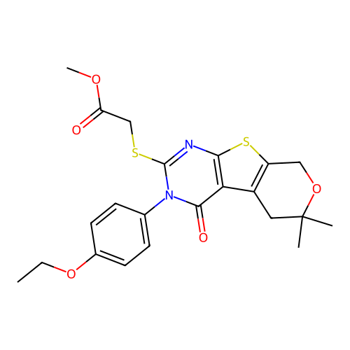 methyl 2-((3-(4-ethoxyphenyl)-6,6-dimethyl-4-oxo-4,5,6,8-tetrahydro-3H-pyrano[4',3':4,5]thieno[2,3-d]pyrimidin-2-yl)thio)acetate structure