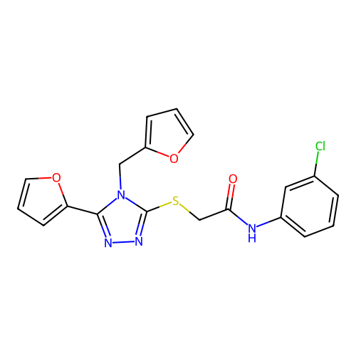 N-(3-chlorophenyl)-2-{[5-(furan-2-yl)-4-(furan-2-ylmethyl)-4H-1,2,4-triazol-3-yl]sulfanyl}acetamide structure