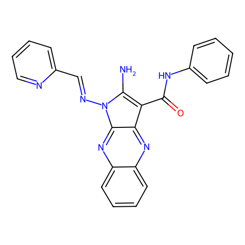 (E)-2-amino-N-phenyl-1-((pyridin-2-ylmethylene)amino)-1H-pyrrolo[2,3-b]quinoxaline-3-carboxamide structure