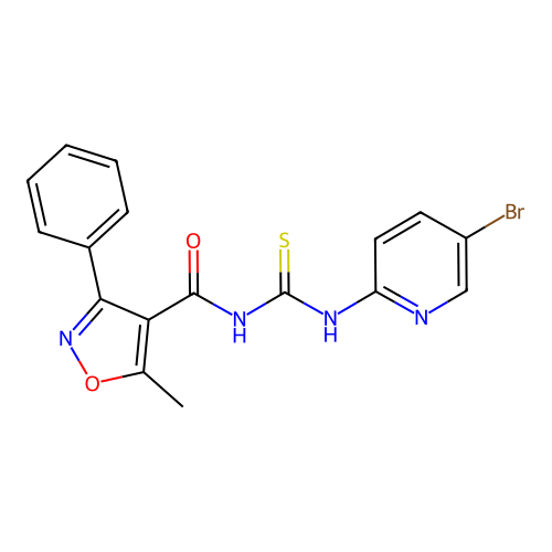 N-[(5-bromopyridin-2-yl)carbamothioyl]-5-methyl-3-phenyl-1,2-oxazole-4-carboxamide structure