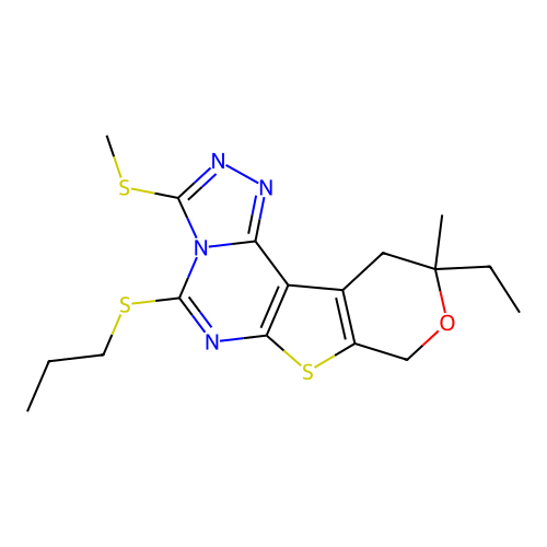10-ethyl-10-methyl-3-(methylsulfanyl)-5-(propylsulfanyl)-10,11-dihydro-8H-pyrano[4',3':4,5]thieno[3,2-e][1,2,4]triazolo[4,3-c]pyrimidine structure