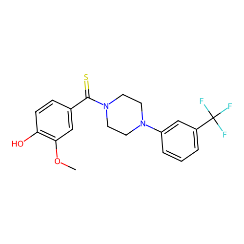 (4-hydroxy-3-methoxyphenyl)(4-(3-(trifluoromethyl)phenyl)piperazin-1-yl)methanethione structure