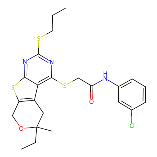 N-(3-chlorophenyl)-2-((6-ethyl-6-methyl-2-(propylthio)-6,8-dihydro-5H-pyrano[4',3':4,5]thieno[2,3-d]pyrimidin-4-yl)thio)acetamide structure