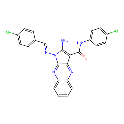 (E)-2-amino-1-((4-chlorobenzylidene)amino)-N-(4-chlorophenyl)-1H-pyrrolo[2,3-b]quinoxaline-3-carboxamide structure