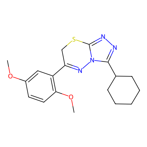 3-cyclohexyl-6-(2,5-dimethoxyphenyl)-7H-[1,2,4]triazolo[3,4-b][1,3,4]thiadiazine structure