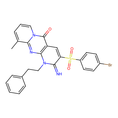 3-((4-bromophenyl)sulfonyl)-2-imino-10-methyl-1-phenethyl-1H-dipyrido[1,2-a:2',3'-d]pyrimidin-5(2H)-one structure