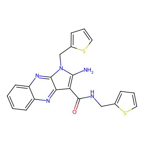 2-amino-N,1-bis(thiophen-2-ylmethyl)-1H-pyrrolo[2,3-b]quinoxaline-3-carboxamide structure