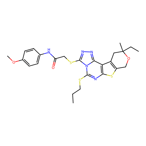 2-((10-ethyl-10-methyl-5-(propylthio)-10,11-dihydro-8H-pyrano[4',3':4,5]thieno[3,2-e][1,2,4]triazolo[4,3-c]pyrimidin-3-yl)thio)-N-(4-methoxyphenyl)acetamide structure