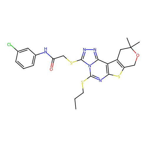 N-(3-chlorophenyl)-2-((10,10-dimethyl-5-(propylthio)-10,11-dihydro-8H-pyrano[4',3':4,5]thieno[3,2-e][1,2,4]triazolo[4,3-c]pyrimidin-3-yl)thio)acetamide structure
