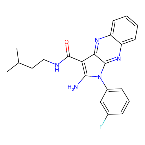 2-amino-1-(3-fluorophenyl)-N-isopentyl-1H-pyrrolo[2,3-b]quinoxaline-3-carboxamide structure