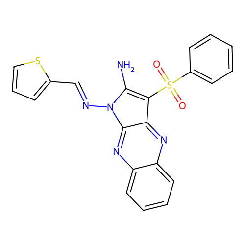 (E)-3-(phenylsulfonyl)-N1-(thiophen-2-ylmethylene)-1H-pyrrolo[2,3-b]quinoxaline-1,2-diamine structure