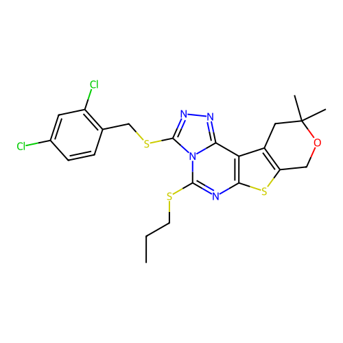 3-((2,4-dichlorobenzyl)thio)-10,10-dimethyl-5-(propylthio)-10,11-dihydro-8H-pyrano[4',3':4,5]thieno[3,2-e][1,2,4]triazolo[4,3-c]pyrimidine structure