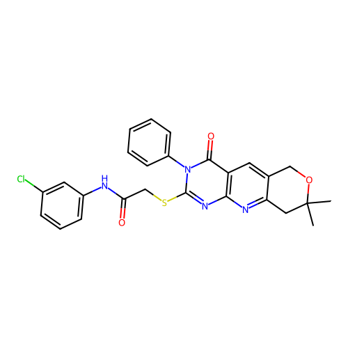 N-(3-chlorophenyl)-2-((8,8-dimethyl-4-oxo-3-phenyl-4,6,8,9-tetrahydro-3H-pyrano[3',4':5,6]pyrido[2,3-d]pyrimidin-2-yl)thio)acetamide structure
