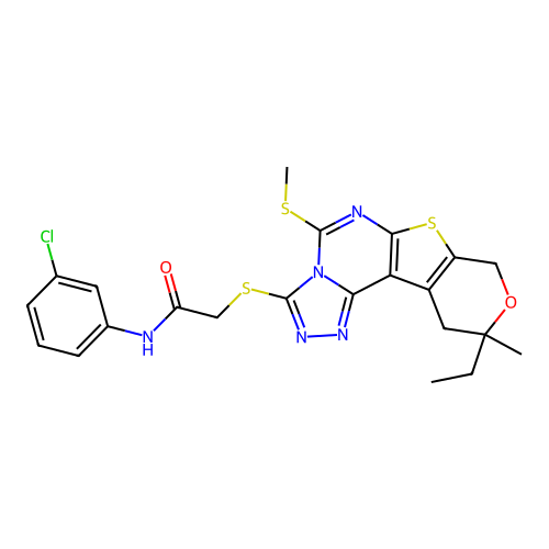 N-(3-chlorophenyl)-2-((10-ethyl-10-methyl-5-(methylthio)-10,11-dihydro-8H-pyrano[4',3':4,5]thieno[3,2-e][1,2,4]triazolo[4,3-c]pyrimidin-3-yl)thio)acetamide structure