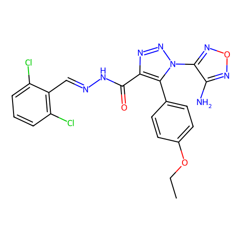 (E)-1-(4-amino-1,2,5-oxadiazol-3-yl)-N'-(2,6-dichlorobenzylidene)-5-(4-ethoxyphenyl)-1H-1,2,3-triazole-4-carbohydrazide structure