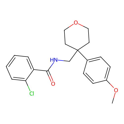 2-chloro-N-((4-(4-methoxyphenyl)tetrahydro-2H-pyran-4-yl)methyl)benzamide structure