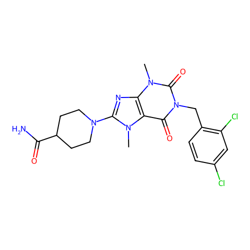 1-(1-(2,4-dichlorobenzyl)-3,7-dimethyl-2,6-dioxo-2,3,6,7-tetrahydro-1H-purin-8-yl)piperidine-4-carboxamide structure