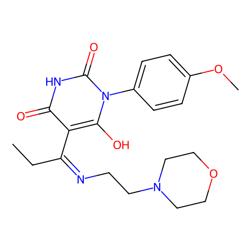 1-(4-methoxyphenyl)-5-[1-(2-morpholin-4-ylethylamino)propylidene]-1,3-diazinane-2,4,6-trione structure