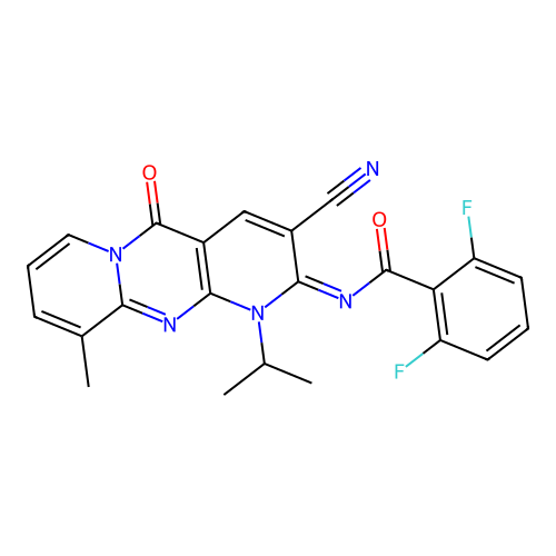 (E)-N-(3-cyano-1-isopropyl-10-methyl-5-oxo-1H-dipyrido[1,2-a:2',3'-d]pyrimidin-2(5H)-ylidene)-2,6-difluorobenzamide structure