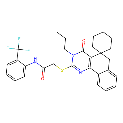 2-((4-oxo-3-propyl-4,6-dihydro-3H-spiro[benzo[h]quinazoline-5,1'-cyclohexan]-2-yl)thio)-N-(2-(trifluoromethyl)phenyl)acetamide structure
