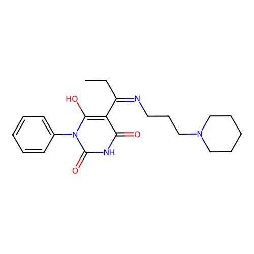 (E)-1-phenyl-5-(1-((3-(piperidin-1-yl)propyl)amino)propylidene)pyrimidine-2,4,6(1H,3H,5H)-trione structure