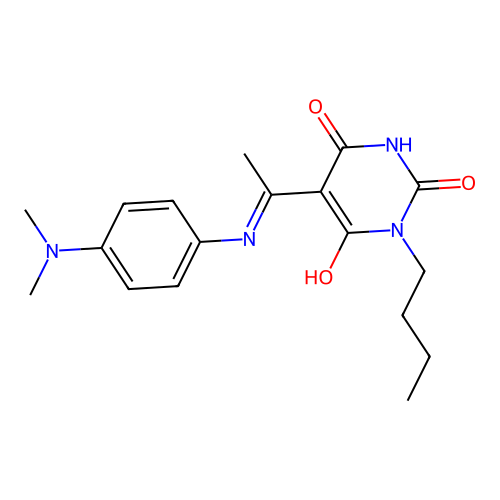 (E)-1-butyl-5-(1-((4-(dimethylamino)phenyl)amino)ethylidene)pyrimidine-2,4,6(1H,3H,5H)-trione structure